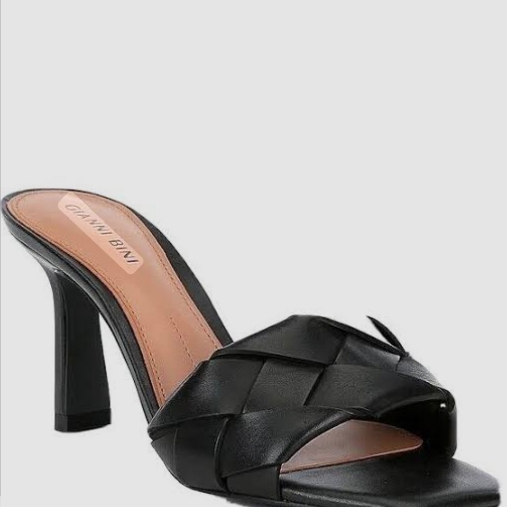 Gianni Bini Black Leather Woven Heeled Mules Size 8